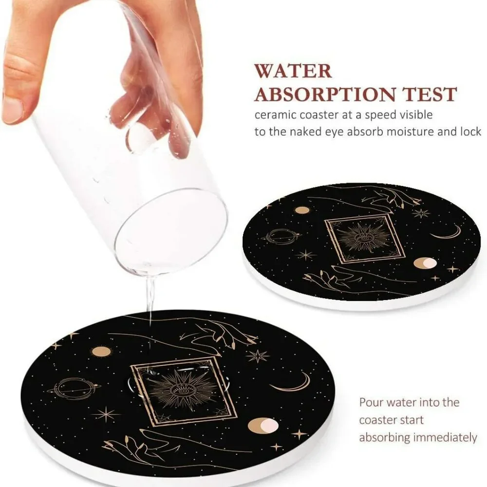 Table Coaster for Drinks Set of 6, Cute Black Mystical Skulls Animals Magic Coff